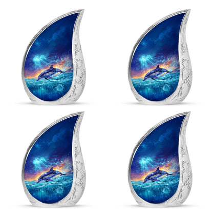 Calming Blue Dolphin Cremation Urn close-up of engraving and surface detail - graceful tear-shaped urn with dolphin motif - 10 inch aluminum urn for cremated remains