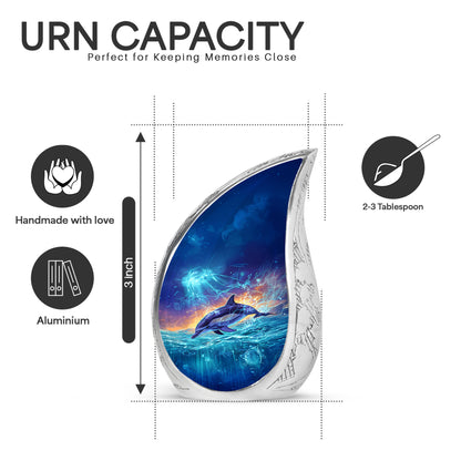 Celestial Blue Dolphin Cremation Urn angled view of lid and engraved motif - flowing teardrop dolphin silhouette on curved aluminum - mini keepsake memorial for portion of cremation ashes