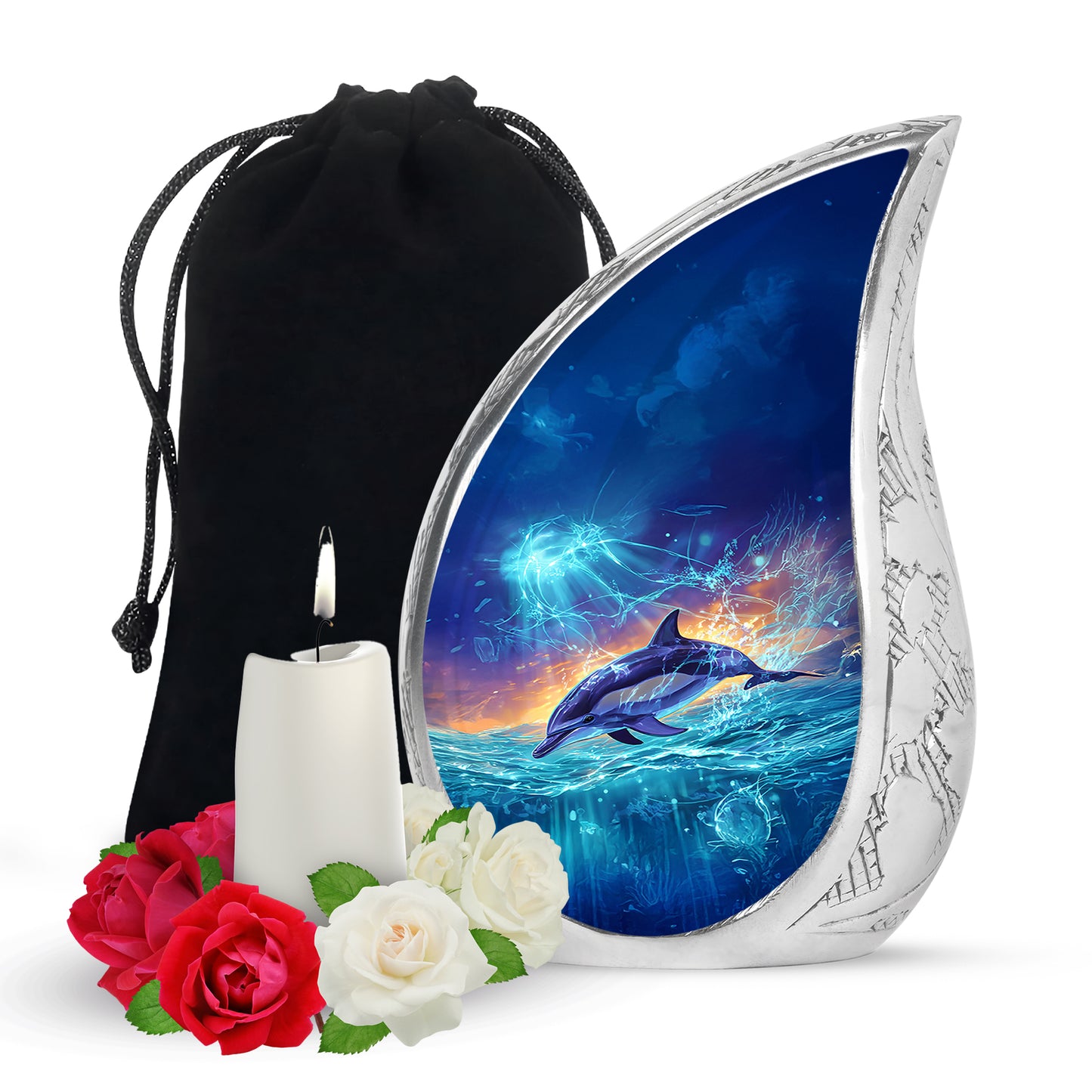 Sapphire Blue Dolphin Cremation Urn front view showing detailed design - smooth teardrop contour featuring dolphin art - full-size 10 inch 200 cubic inch adult cremation urn
