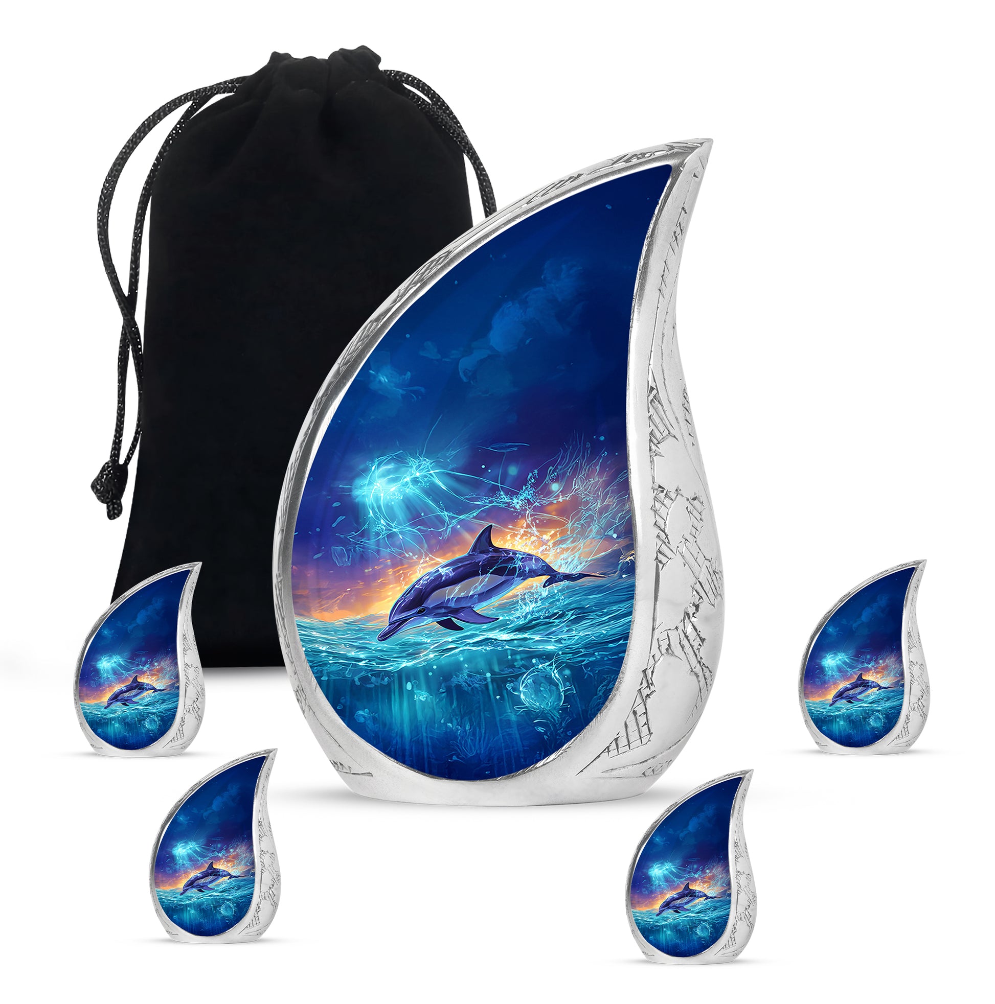 Twilight Blue Dolphin Cremation Urn side profile showing urn shape - graceful tear-shaped urn with dolphin motif - memorial set with one large and four small urns