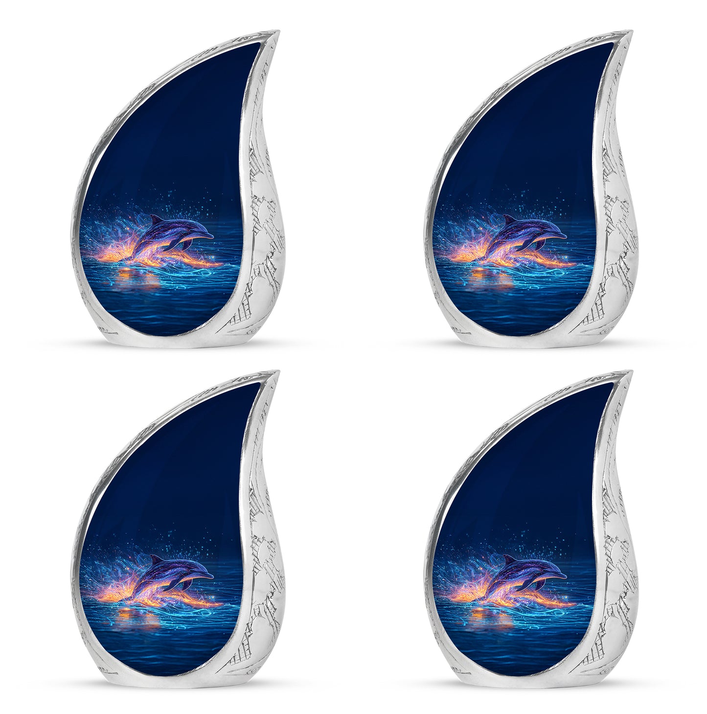 Powder Blue Dolphin Cremation Urn close-up of engraving and surface detail - flowing teardrop dolphin silhouette on curved aluminum - 10 inch aluminum urn for cremated remains