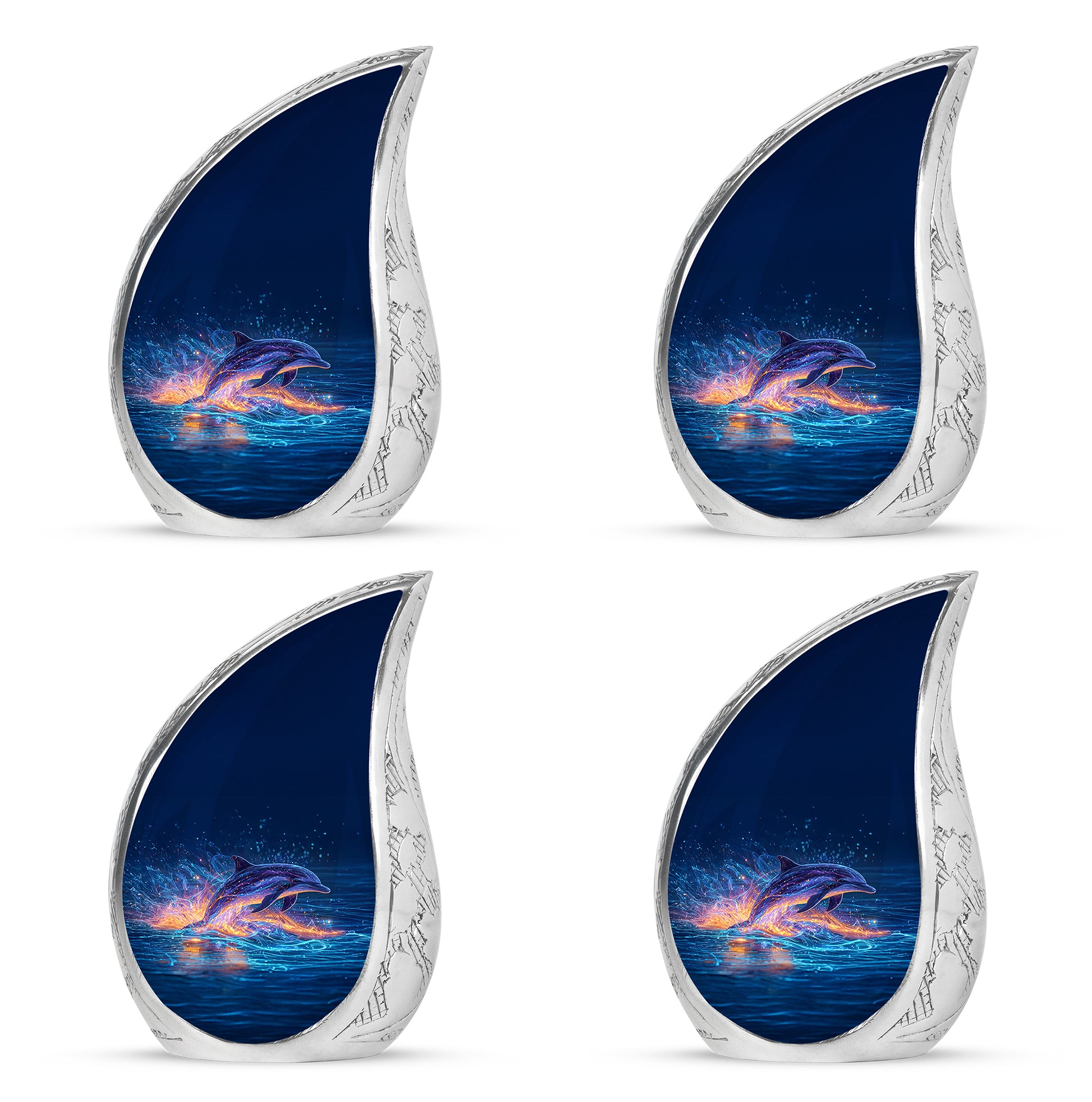 Powder Blue Dolphin Cremation Urn close-up of engraving and surface detail - flowing teardrop dolphin silhouette on curved aluminum - 10 inch aluminum urn for cremated remains