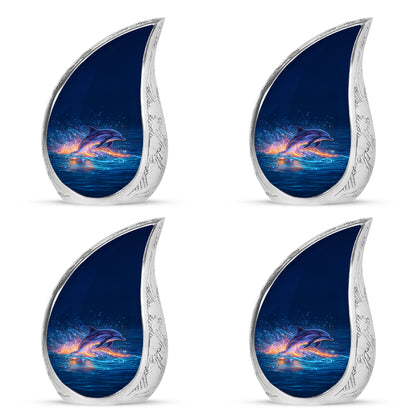 Powder Blue Dolphin Cremation Urn close-up of engraving and surface detail - flowing teardrop dolphin silhouette on curved aluminum - 10 inch aluminum urn for cremated remains