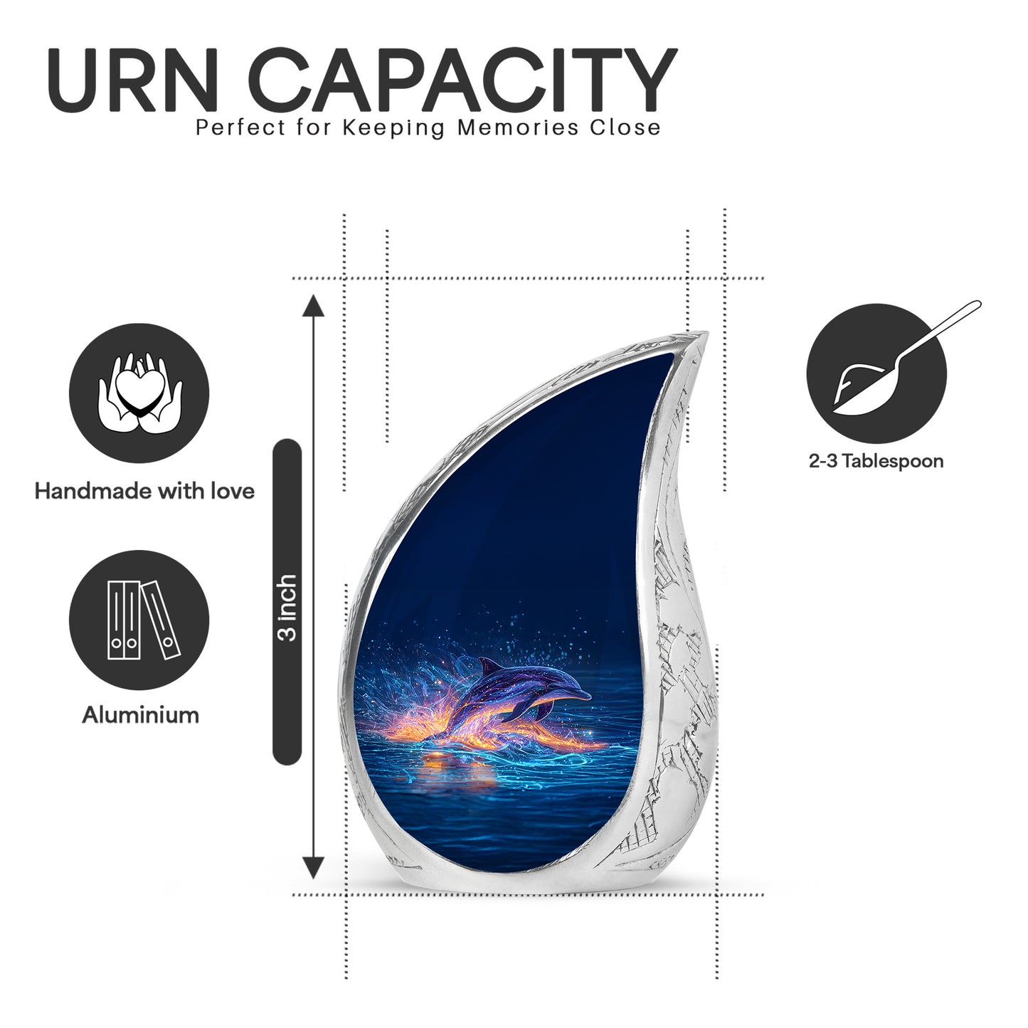 Powder Blue Dolphin Cremation Urn angled view of lid and engraved motif - flowing teardrop dolphin silhouette on curved aluminum - mini keepsake memorial for portion of cremation ashes