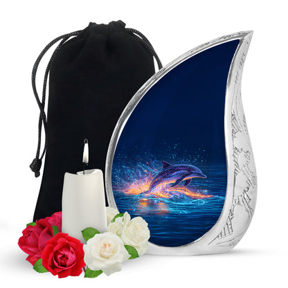 Icy Blue Dolphin Cremation Urn front view showing detailed design - rounded teardrop dolphin design with delicate detail - full-size 10 inch 200 cubic inch adult cremation urn