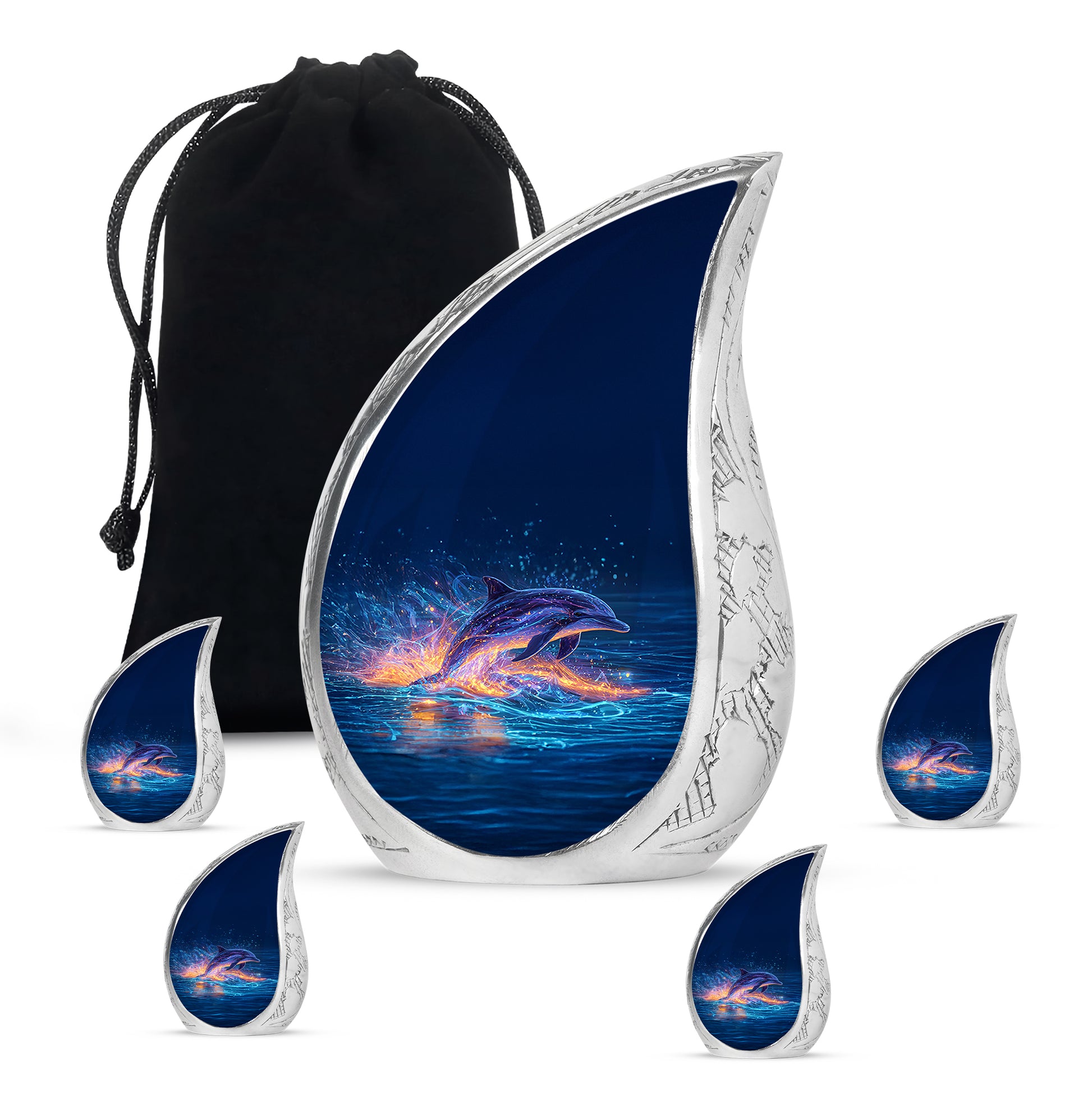 Twilight Blue Dolphin Cremation Urn side profile showing urn shape - smooth teardrop contour featuring dolphin art - memorial set with one large and four small urns