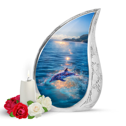 Blue Breathtaking Dolphin Memorial Urn for Ashes - 10-inch, 200 cu in - Yatskia