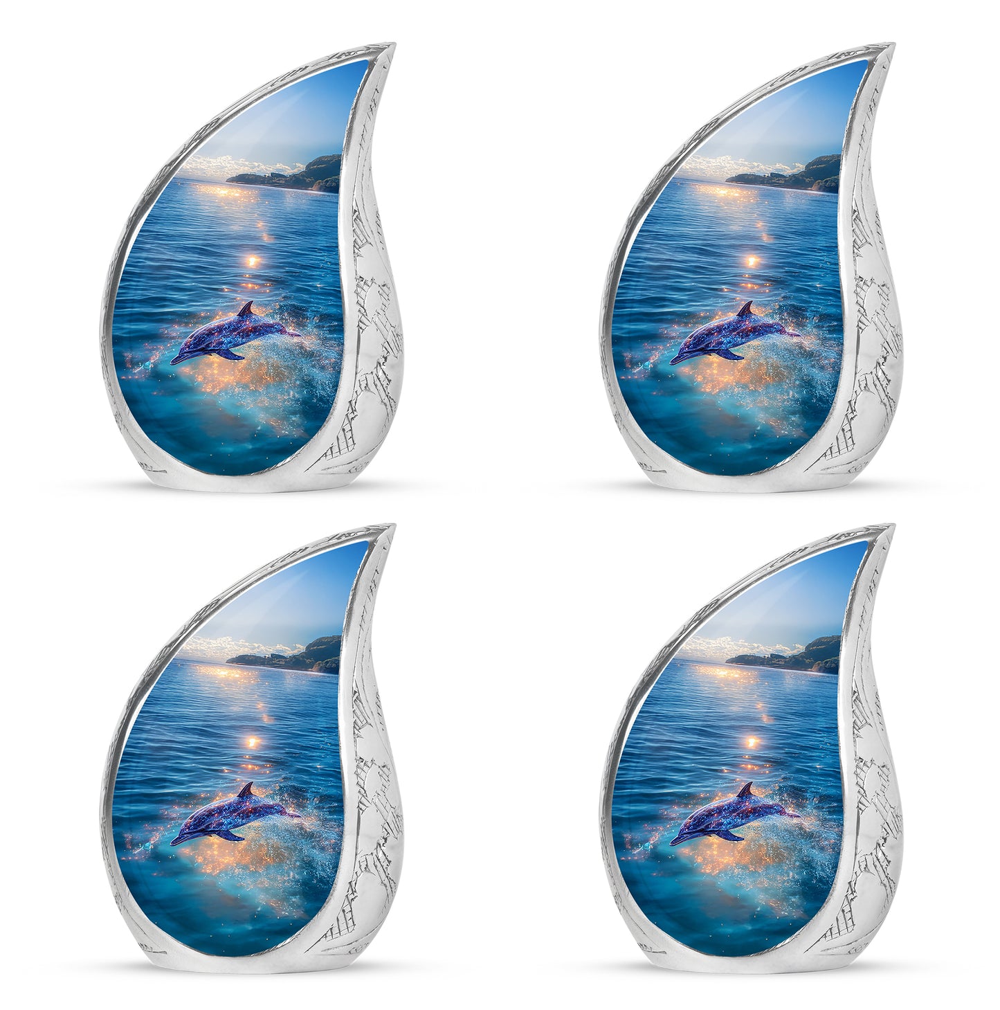 Dusty Blue Dolphin Cremation Urn close-up of engraving and surface detail - rounded teardrop dolphin design with delicate detail - 10 inch aluminum urn for cremated remains
