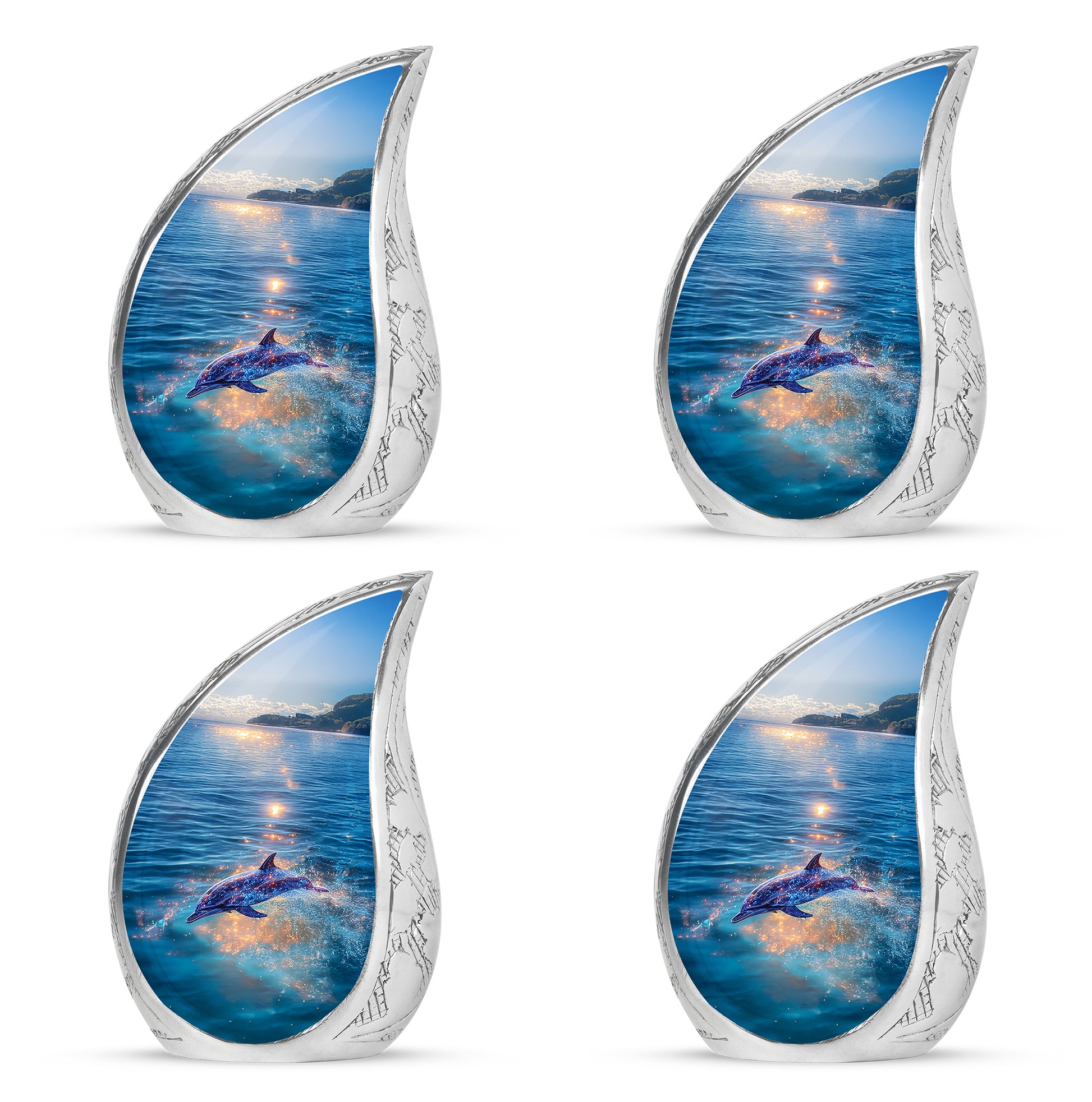 Dusty Blue Dolphin Cremation Urn close-up of engraving and surface detail - rounded teardrop dolphin design with delicate detail - 10 inch aluminum urn for cremated remains