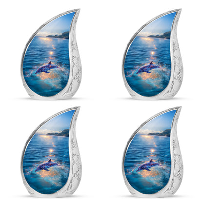 Dusty Blue Dolphin Cremation Urn close-up of engraving and surface detail - rounded teardrop dolphin design with delicate detail - 10 inch aluminum urn for cremated remains