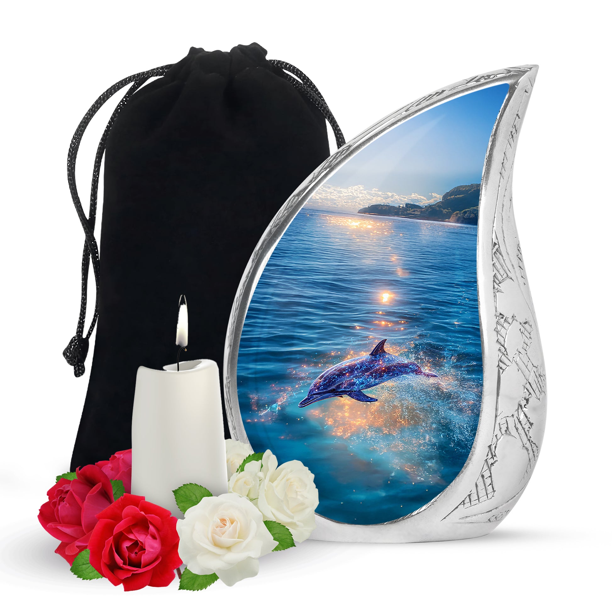 Cornflower Blue Dolphin Cremation Urn front view showing detailed design - smooth teardrop contour featuring dolphin art - full-size 10 inch 200 cubic inch adult cremation urn
