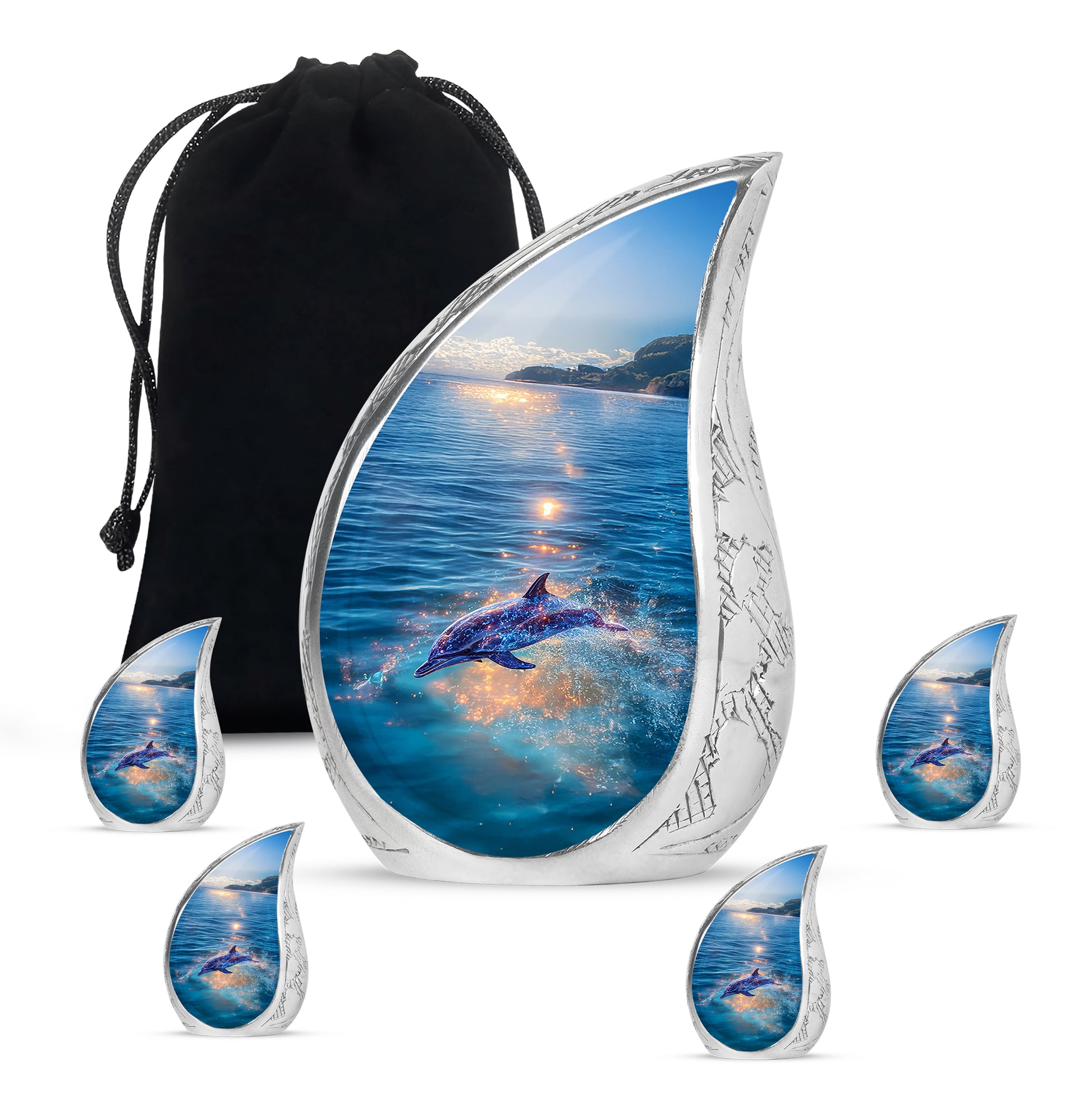Celestial Blue Dolphin Cremation Urn side profile showing urn shape - flowing teardrop dolphin silhouette on curved aluminum - memorial set with one large and four small urns