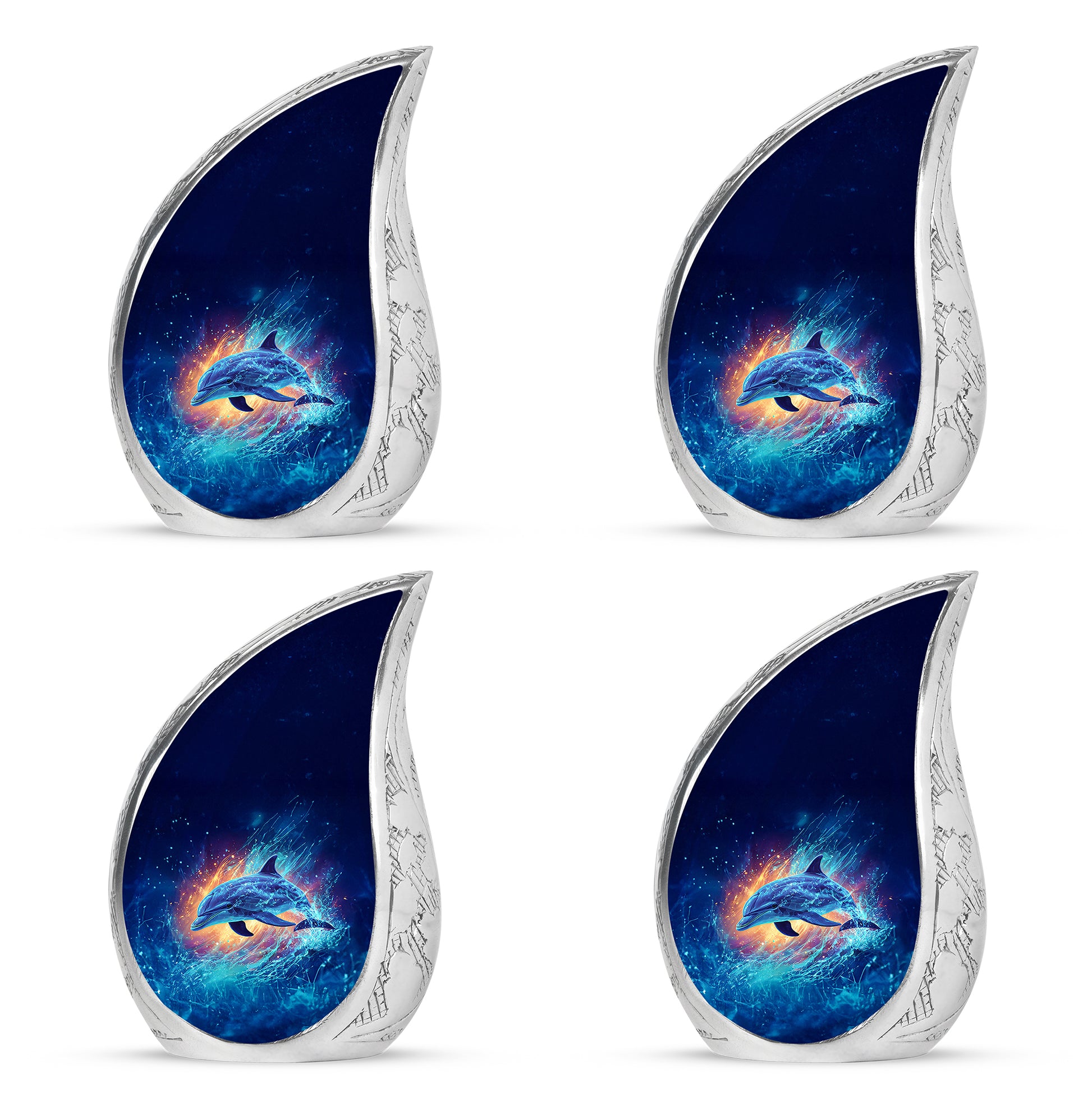 Slate Blue Dolphin Cremation Urn close-up of engraving and surface detail - rounded teardrop dolphin design with delicate detail - 10 inch aluminum urn for cremated remains