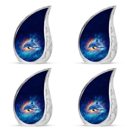 Slate Blue Dolphin Cremation Urn close-up of engraving and surface detail - rounded teardrop dolphin design with delicate detail - 10 inch aluminum urn for cremated remains