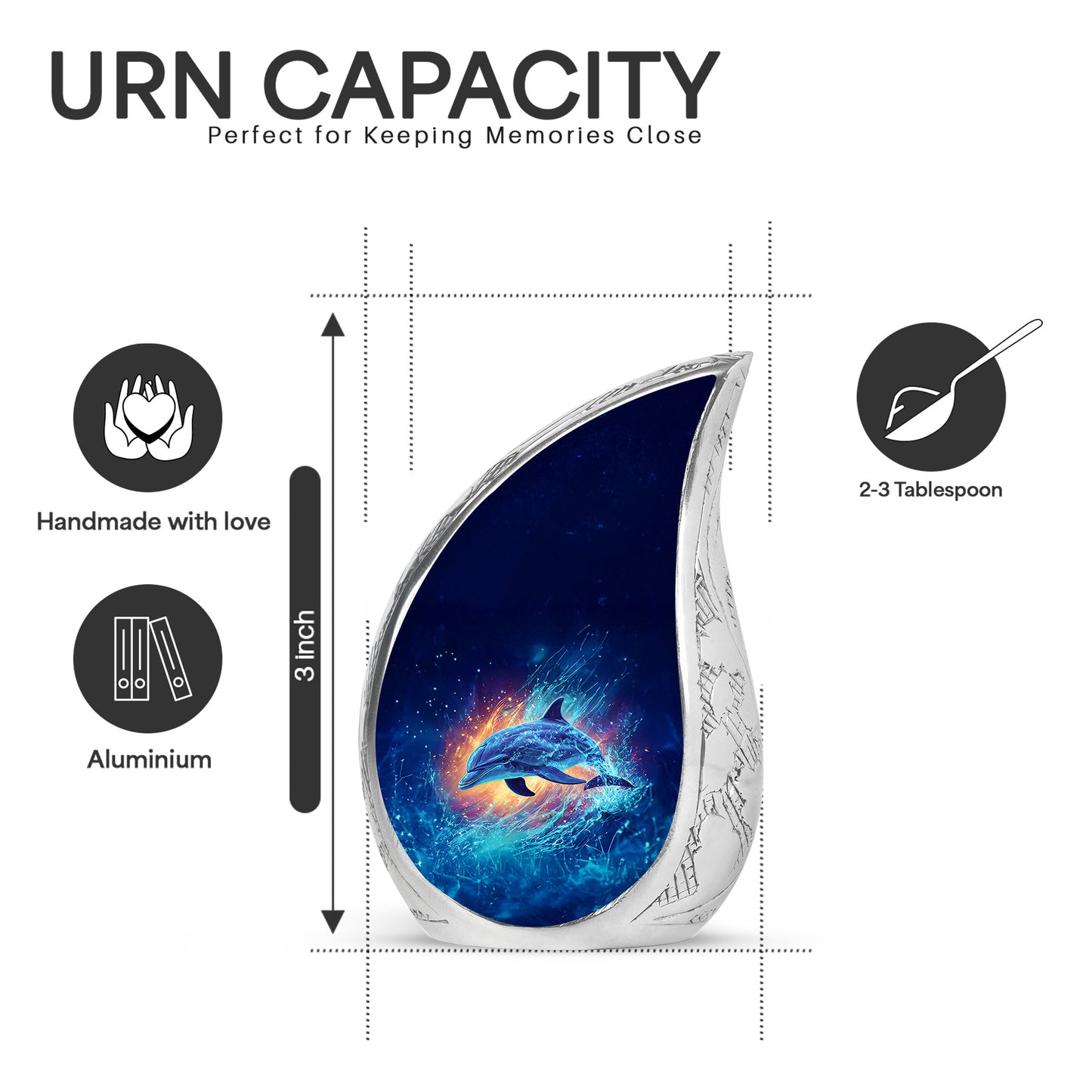 Slate Blue Dolphin Cremation Urn angled view of lid and engraved motif - flowing teardrop dolphin silhouette on curved aluminum - mini keepsake memorial for portion of cremation ashes