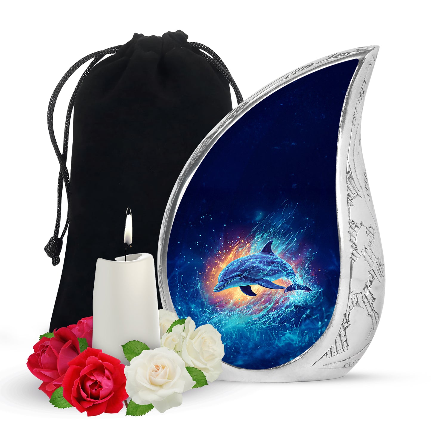 Icy Blue Dolphin Cremation Urn front view showing detailed design - flowing teardrop dolphin silhouette on curved aluminum - full-size 10 inch 200 cubic inch adult cremation urn