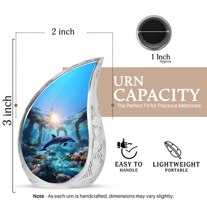 Steel Blue Dolphin Cremation Urn angled view of lid and engraved motif - graceful tear-shaped urn with dolphin motif - mini keepsake memorial for portion of cremation ashes