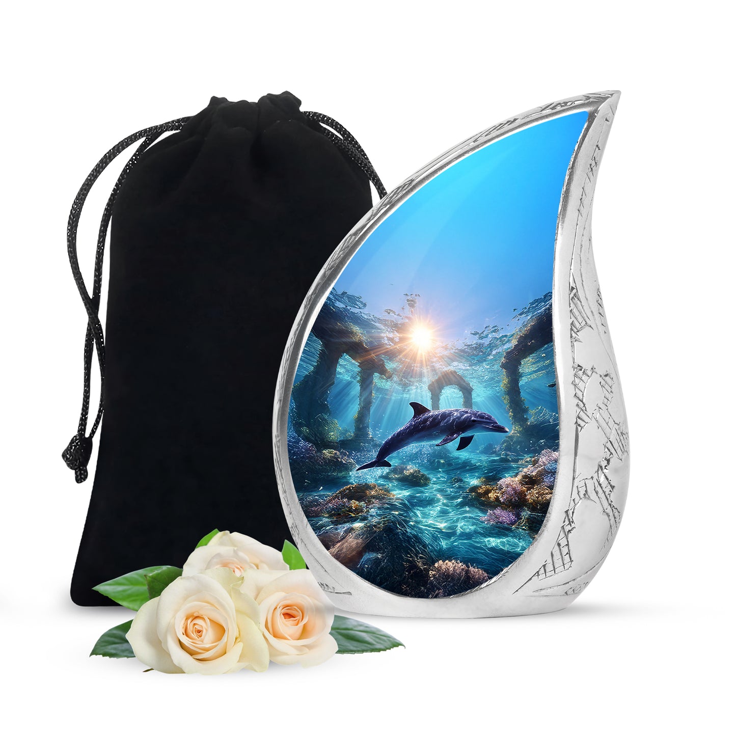 Serene Blue Dolphin Cremation Urn front view showing detailed design - smooth teardrop contour featuring dolphin art - full-size 10 inch 200 cubic inch adult cremation urn