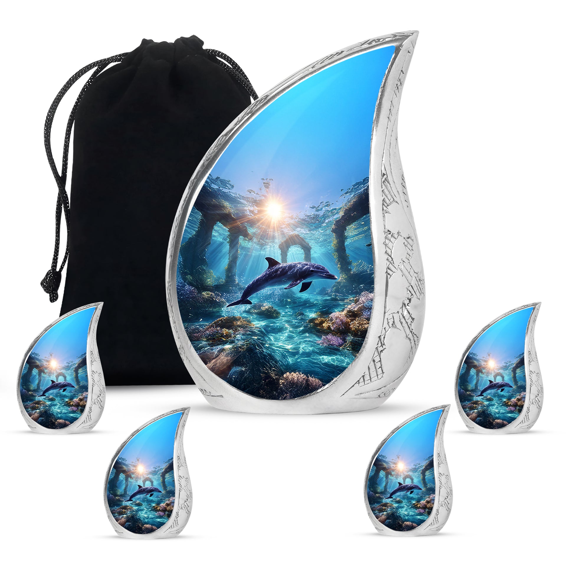 Cornflower Blue Dolphin Cremation Urn side profile showing urn shape - smooth teardrop contour featuring dolphin art - memorial set with one large and four small urns