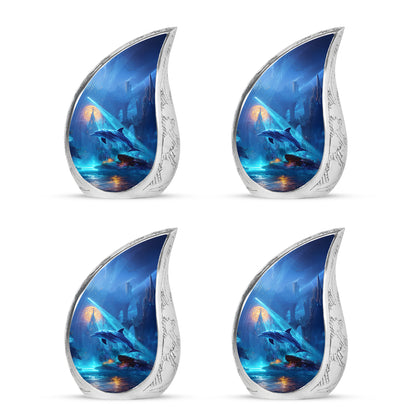 Royal Blue Dolphin Cremation Urn close-up of engraving and surface detail - smooth teardrop contour featuring dolphin art - 10 inch aluminum urn for cremated remains