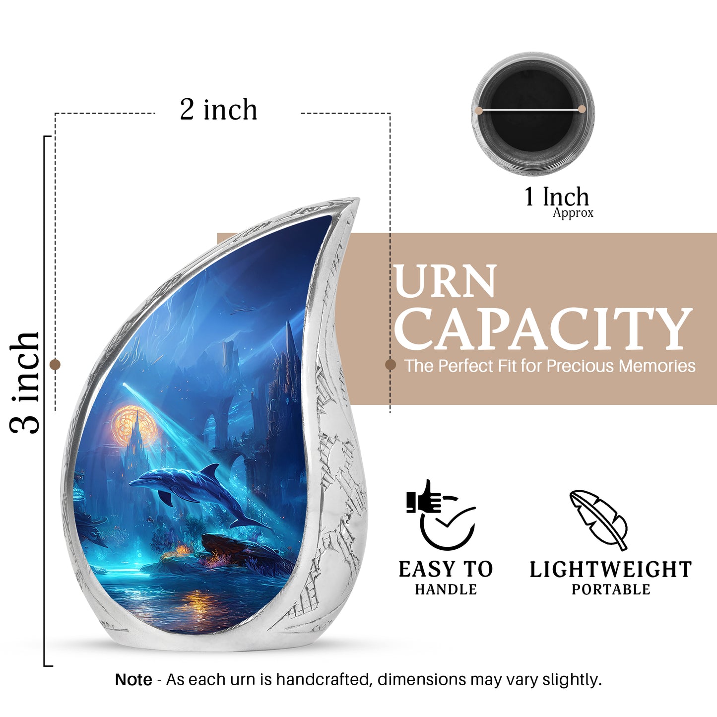 Serene Blue Dolphin Cremation Urn angled view of lid and engraved motif - graceful tear-shaped urn with dolphin motif - mini keepsake memorial for portion of cremation ashes