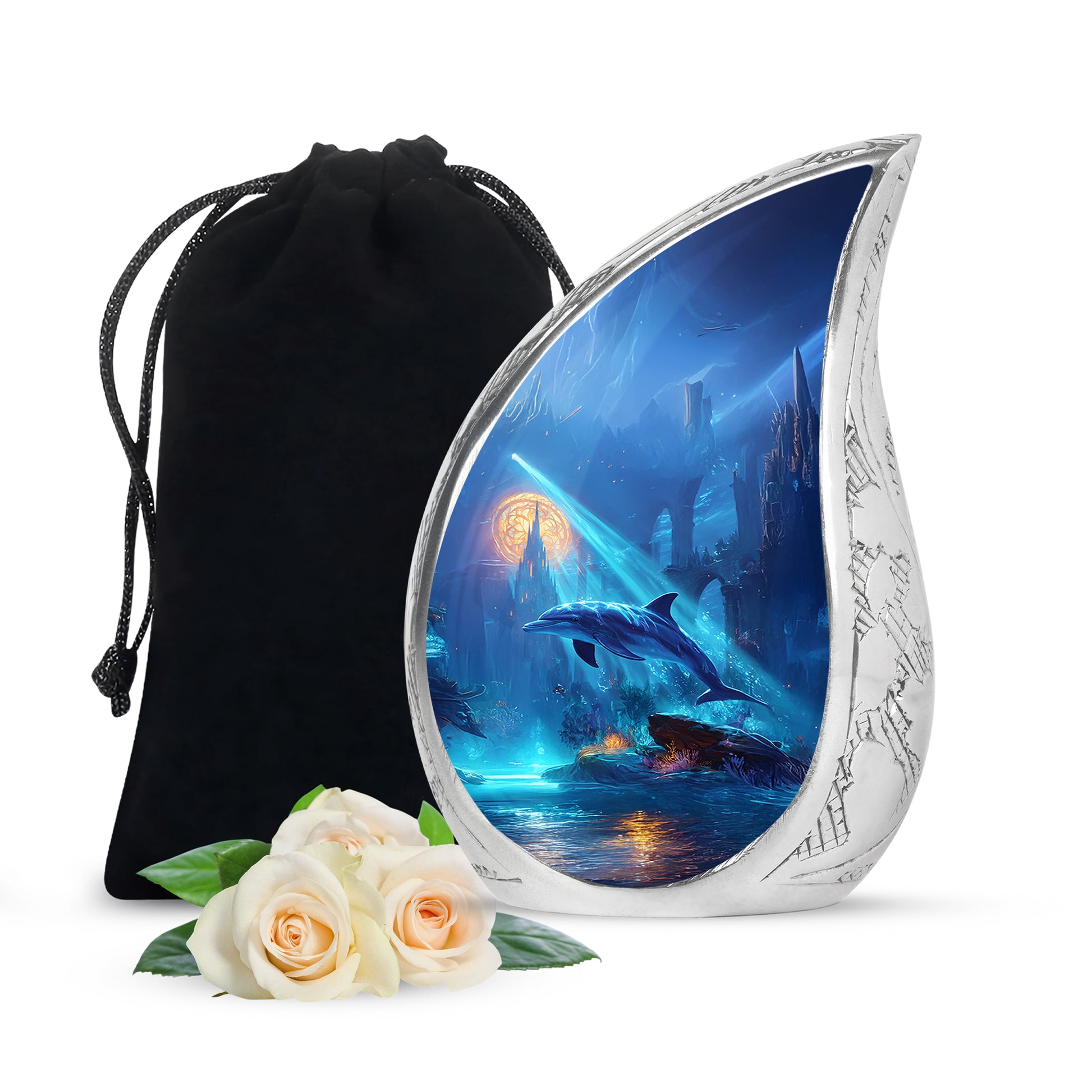 Pastel Blue Dolphin Cremation Urn front view showing detailed design - flowing teardrop dolphin silhouette on curved aluminum - full-size 10 inch 200 cubic inch adult cremation urn