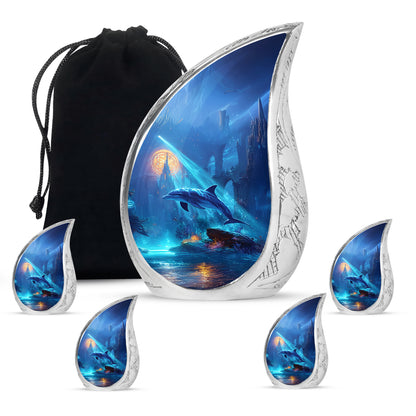 Bright Blue Dolphin Cremation Urn side profile showing urn shape - graceful tear-shaped urn with dolphin motif - memorial set with one large and four small urns