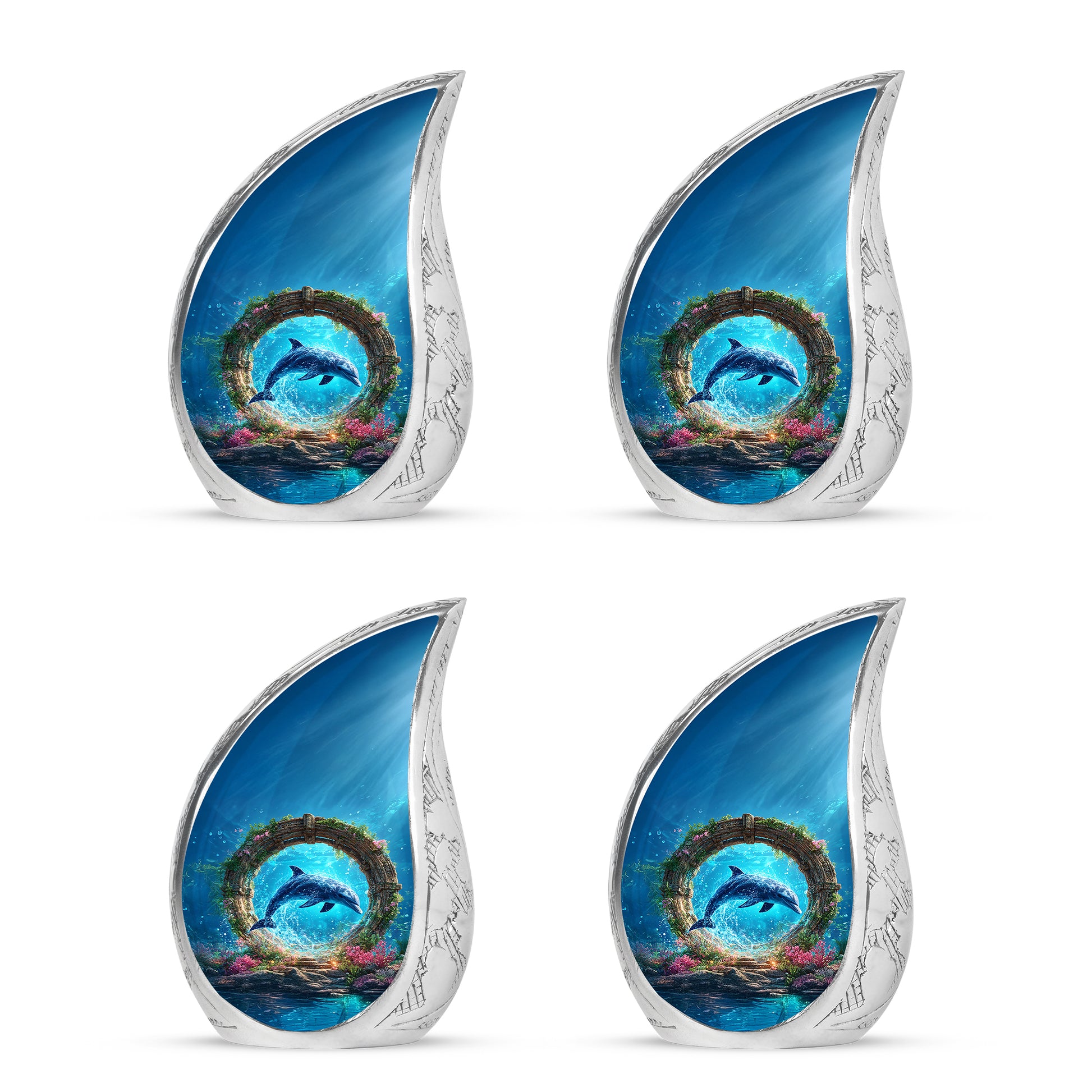 Icy Blue Dolphin Cremation Urn close-up of engraving and surface detail - rounded teardrop dolphin design with delicate detail - 10 inch aluminum urn for cremated remains
