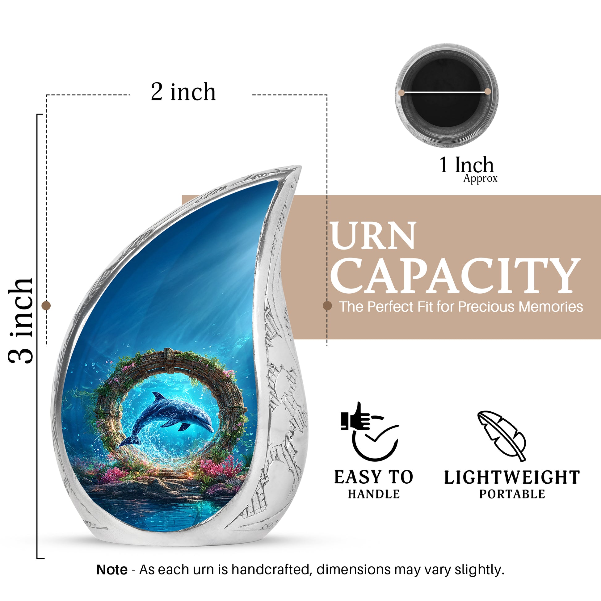 Serene Blue Dolphin Cremation Urn angled view of lid and engraved motif - smooth teardrop contour featuring dolphin art - mini keepsake memorial for portion of cremation ashes