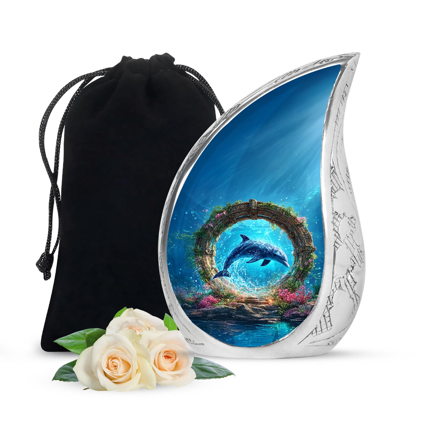 Soft Blue Dolphin Cremation Urn front view showing detailed design - graceful tear-shaped urn with dolphin motif - full-size 10 inch 200 cubic inch adult cremation urn