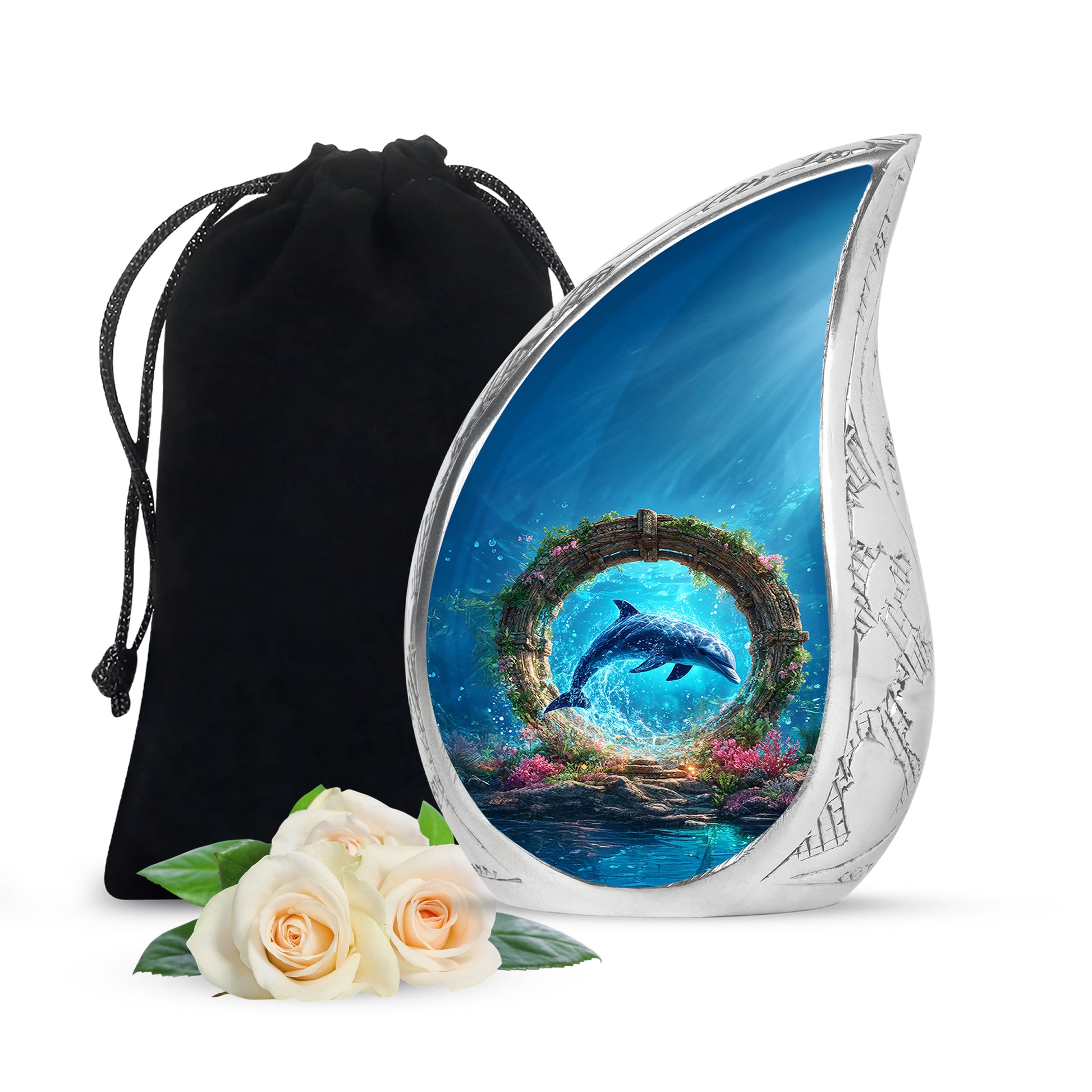 Soft Blue Dolphin Cremation Urn front view showing detailed design - graceful tear-shaped urn with dolphin motif - full-size 10 inch 200 cubic inch adult cremation urn