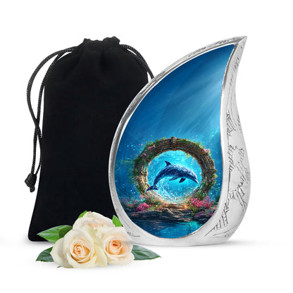 Soft Blue Dolphin Cremation Urn front view showing detailed design - graceful tear-shaped urn with dolphin motif - full-size 10 inch 200 cubic inch adult cremation urn