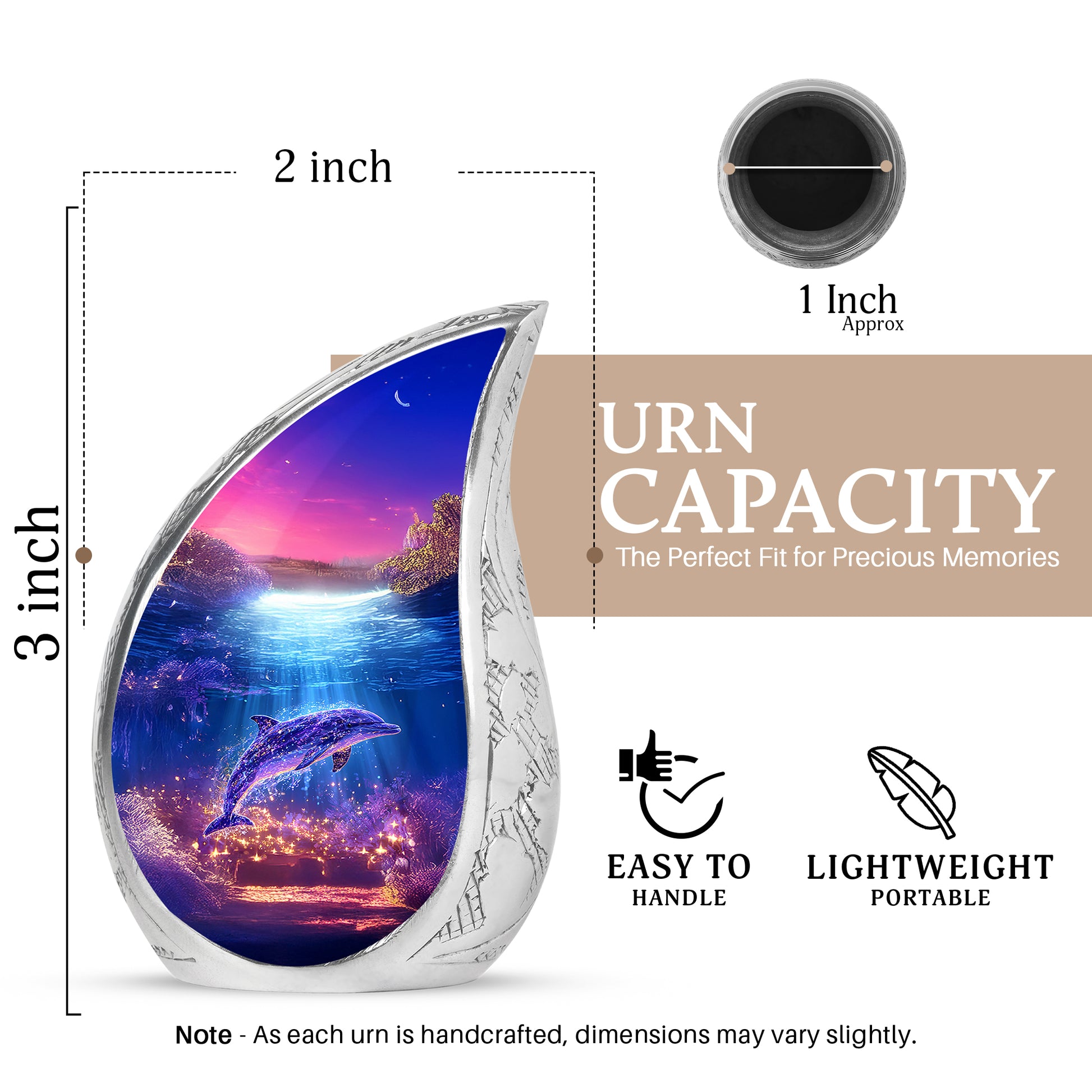 Slate Blue Dolphin Cremation Urn angled view of lid and engraved motif - rounded teardrop dolphin design with delicate detail - mini keepsake memorial for portion of cremation ashes
