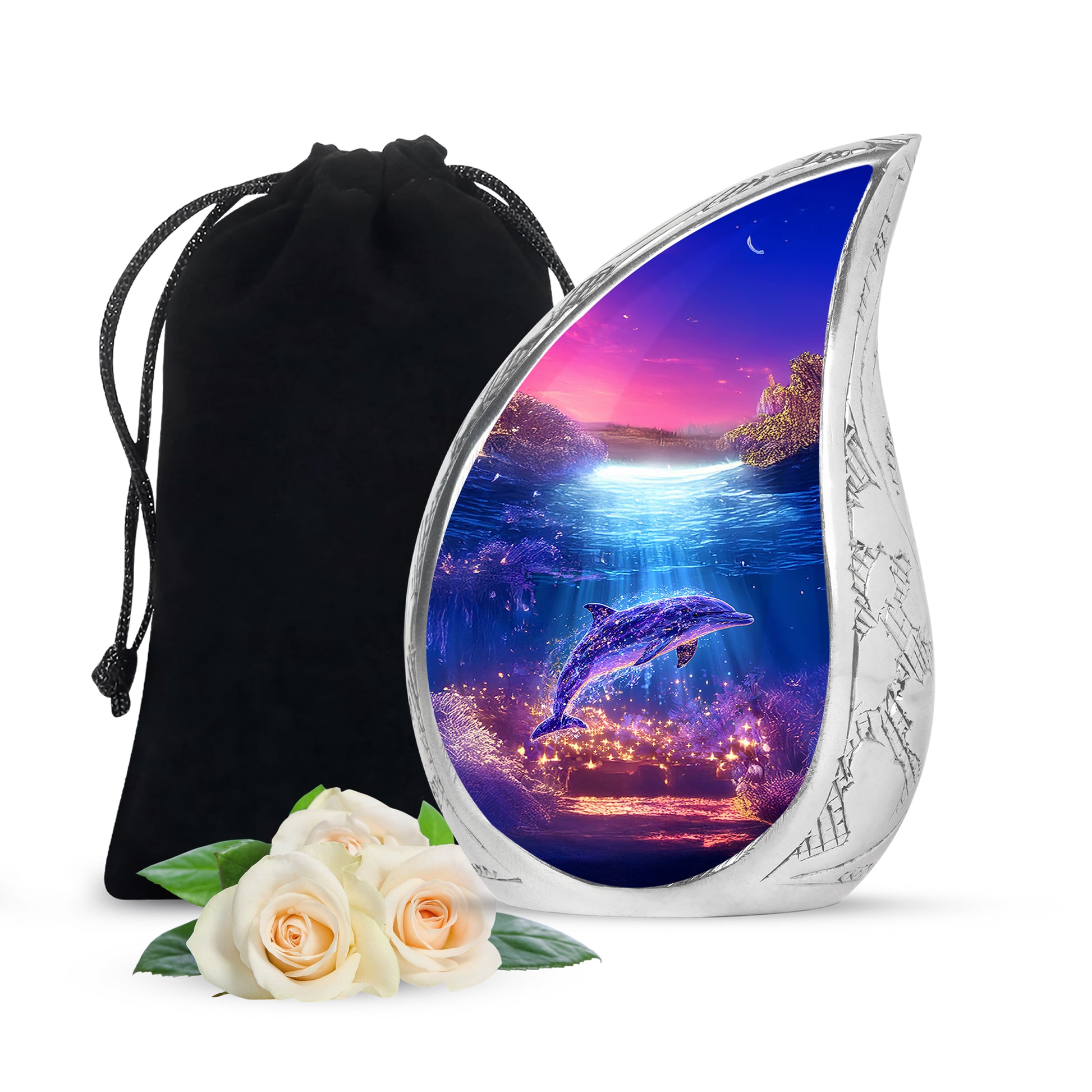 Navy Blue Dolphin Cremation Urn front view showing detailed design - flowing teardrop dolphin silhouette on curved aluminum - full-size 10 inch 200 cubic inch adult cremation urn