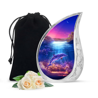 Navy Blue Dolphin Cremation Urn front view showing detailed design - flowing teardrop dolphin silhouette on curved aluminum - full-size 10 inch 200 cubic inch adult cremation urn