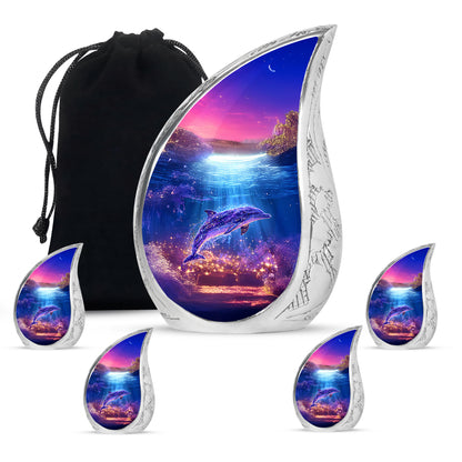 Celestial Blue Dolphin Cremation Urn side profile showing urn shape - flowing teardrop dolphin silhouette on curved aluminum - memorial set with one large and four small urns