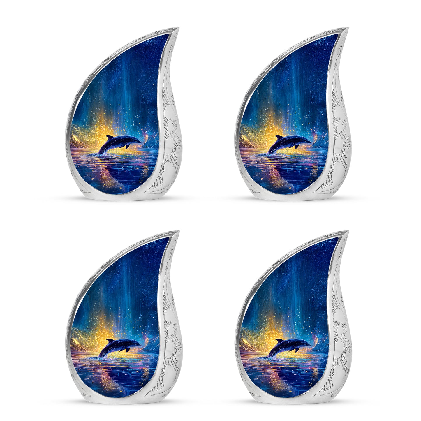 Soft Blue Dolphin Cremation Urn close-up of engraving and surface detail - smooth teardrop contour featuring dolphin art - 10 inch aluminum urn for cremated remains