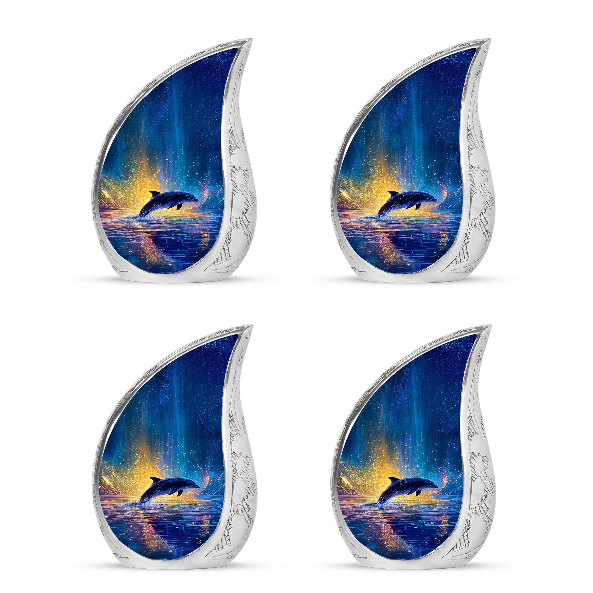 Soft Blue Dolphin Cremation Urn close-up of engraving and surface detail - smooth teardrop contour featuring dolphin art - 10 inch aluminum urn for cremated remains