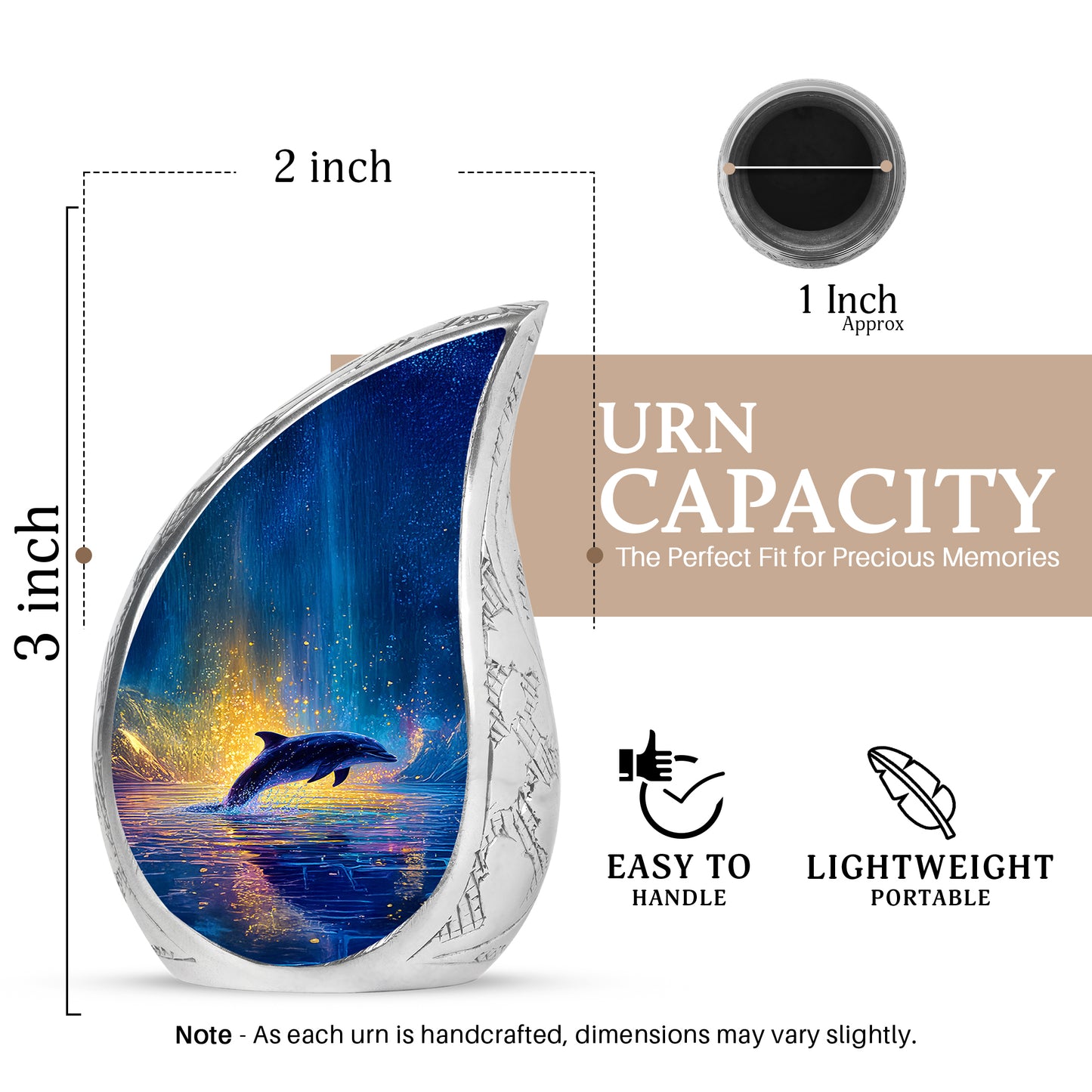 Icy Blue Dolphin Cremation Urn angled view of lid and engraved motif - flowing teardrop dolphin silhouette on curved aluminum - mini keepsake memorial for portion of cremation ashes