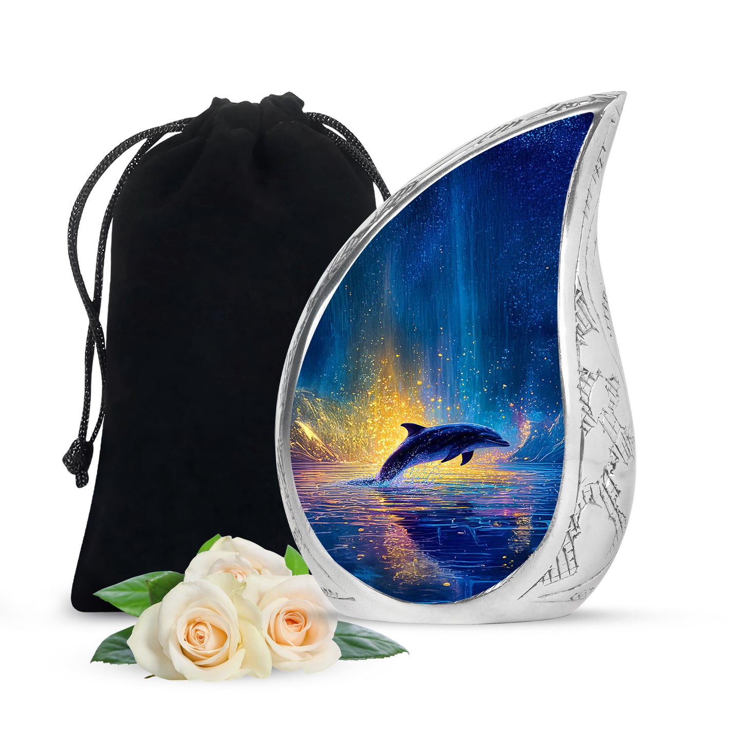Azure Dolphin Cremation Urn front view showing detailed design - rounded teardrop dolphin design with delicate detail - full-size 10 inch 200 cubic inch adult cremation urn