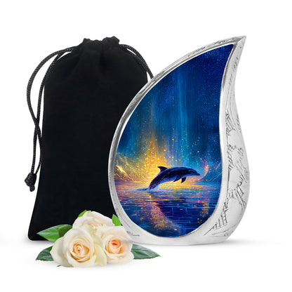 Azure Dolphin Cremation Urn front view showing detailed design - rounded teardrop dolphin design with delicate detail - full-size 10 inch 200 cubic inch adult cremation urn