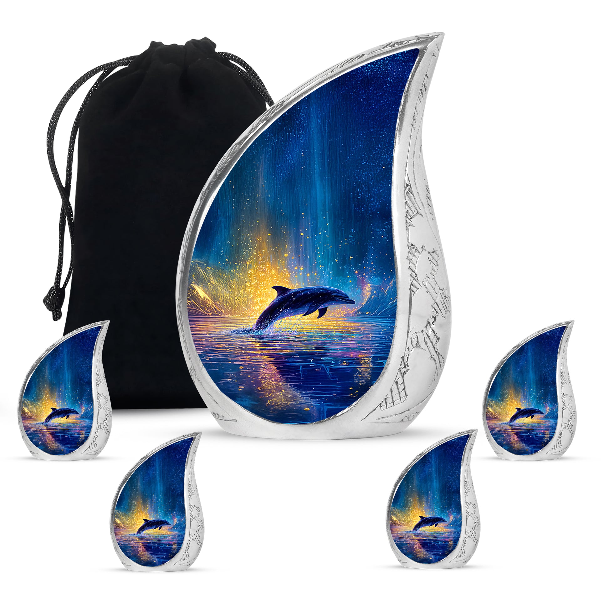 Sky Blue Dolphin Cremation Urn side profile showing urn shape - flowing teardrop dolphin silhouette on curved aluminum - memorial set with one large and four small urns