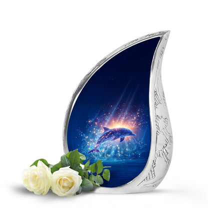 Blue Comforting Dolphin Memorial Urn for Ashes - 10-inch, 200 cu in - Yatskia