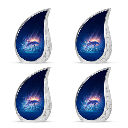 Indigo Dolphin Cremation Urn close-up of engraving and surface detail - rounded teardrop dolphin design with delicate detail - 10 inch aluminum urn for cremated remains