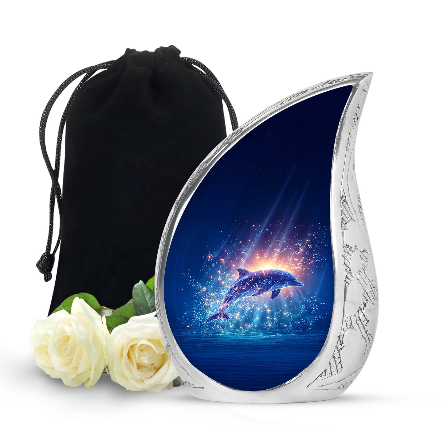 Misty Blue Dolphin Cremation Urn front view showing detailed design - rounded teardrop dolphin design with delicate detail - full-size 10 inch 200 cubic inch adult cremation urn