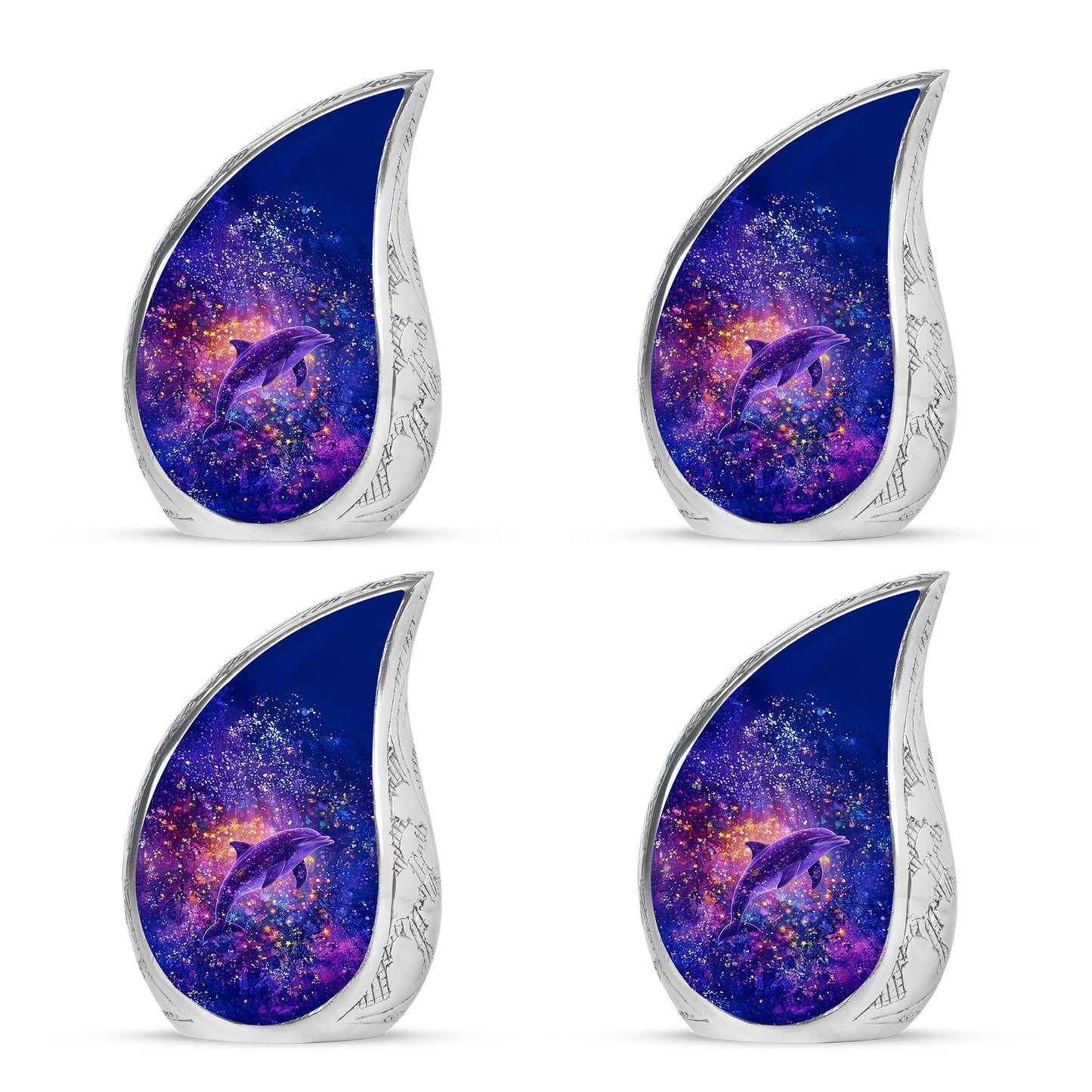 Icy Blue Dolphin Cremation Urn close-up of engraving and surface detail - flowing teardrop dolphin silhouette on curved aluminum - 10 inch aluminum urn for cremated remains
