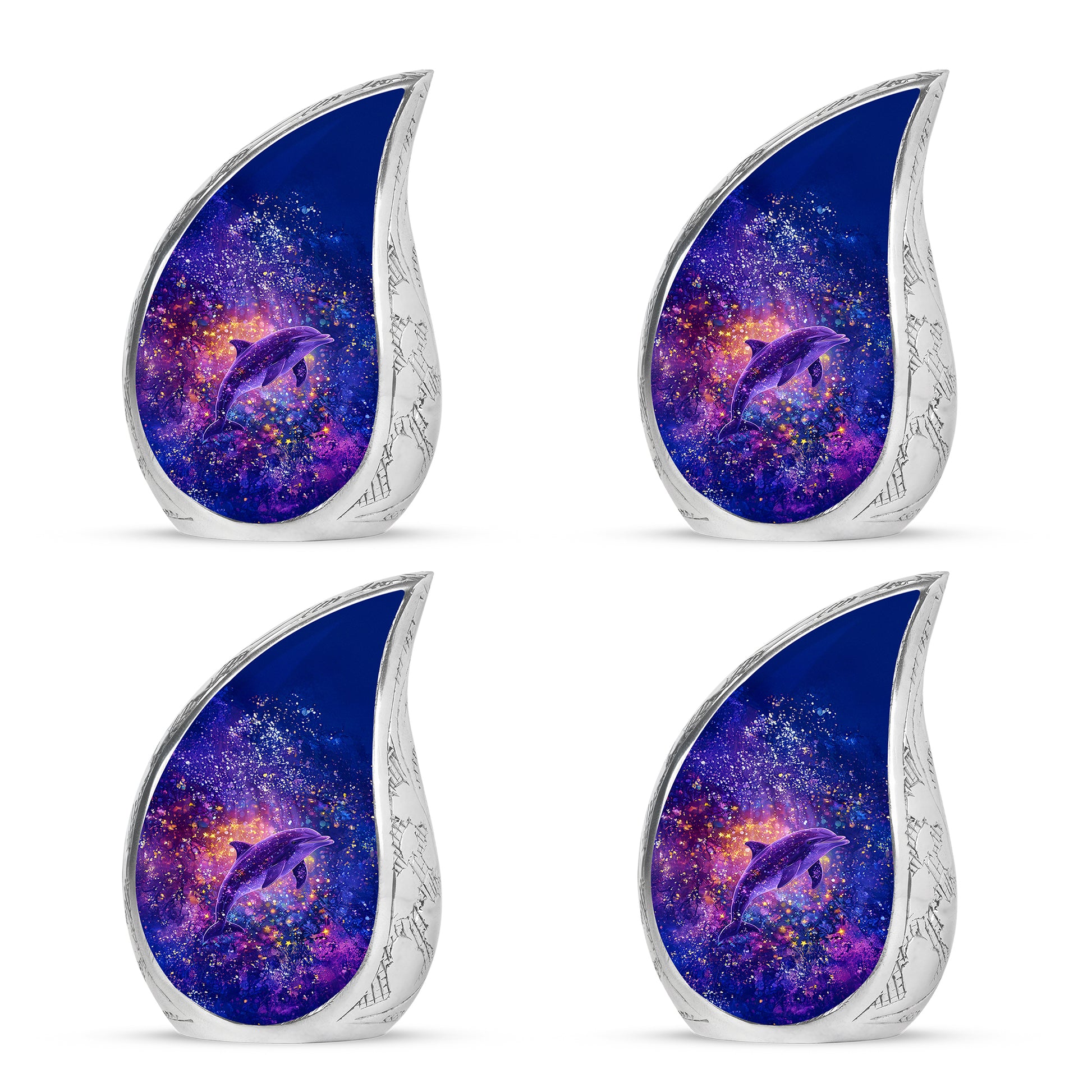 Icy Blue Dolphin Cremation Urn close-up of engraving and surface detail - flowing teardrop dolphin silhouette on curved aluminum - 10 inch aluminum urn for cremated remains
