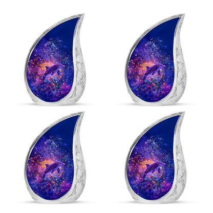 Icy Blue Dolphin Cremation Urn close-up of engraving and surface detail - flowing teardrop dolphin silhouette on curved aluminum - 10 inch aluminum urn for cremated remains