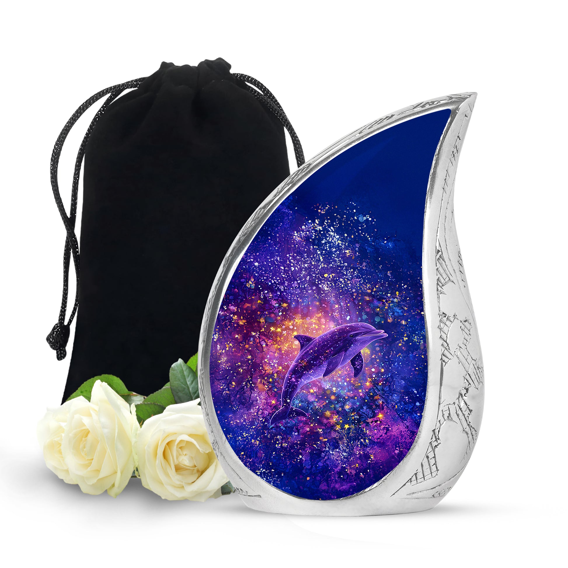 Sky Blue Dolphin Cremation Urn front view showing detailed design - rounded teardrop dolphin design with delicate detail - full-size 10 inch 200 cubic inch adult cremation urn