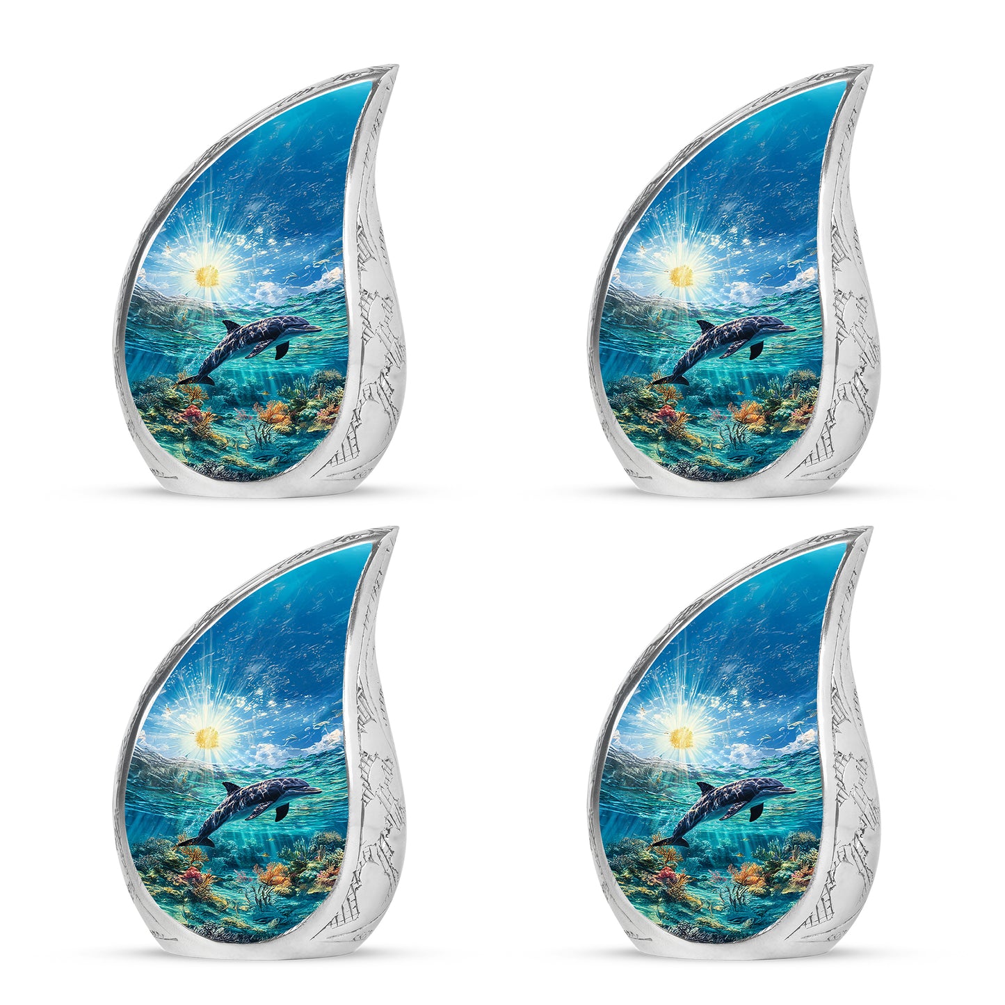 Misty Blue Dolphin Cremation Urn close-up of engraving and surface detail - flowing teardrop dolphin silhouette on curved aluminum - 10 inch aluminum urn for cremated remains